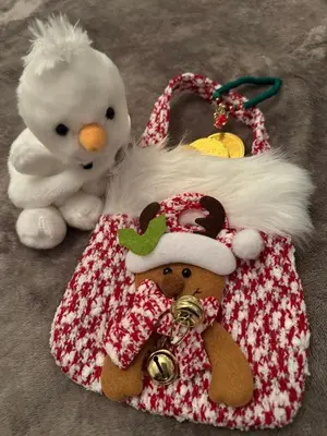 a stuffed teddy bear in a dress and a snow man at Emerald Apartment Pleasure Beach Blackpool in Blackpool