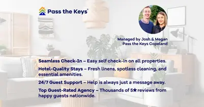 a flyer for a bedroom with a picture of two people at Mulberry Beautiful Apartment with Sea View - Pass the Keys in Grange Over Sands