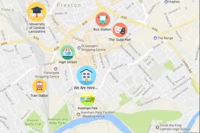 a close up of a map with attractions at Large Studio Room in City Centre (Shared Bathroom) in Preston