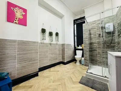 a bathroom with a shower and a toilet at Pembroke Place Private Room 10 in Liverpool