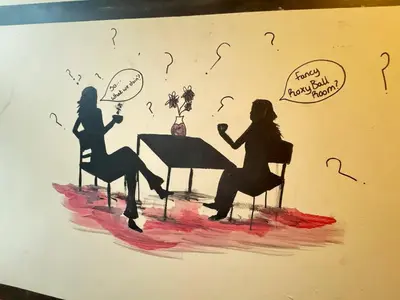 a drawing of two women sitting at a table at Bold Street Studio VI in Liverpool