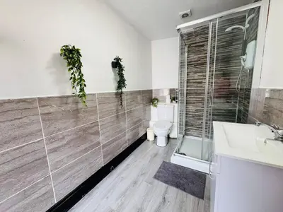 a bathroom with a toilet and a shower and a sink at Pembroke Place Private Room 2B in Liverpool