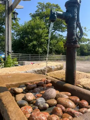 a water fountain with rocks in a pond at Mill House Farm Pods - Lapwing Lodge in Pilling
